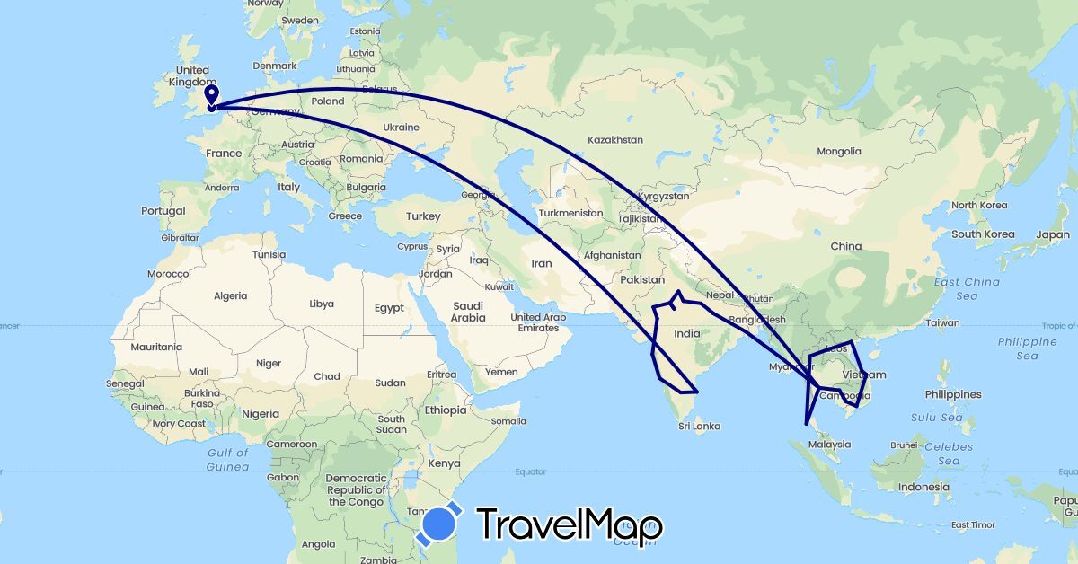 TravelMap itinerary: driving in United Kingdom, India, Cambodia, Laos, Thailand, Vietnam (Asia, Europe)